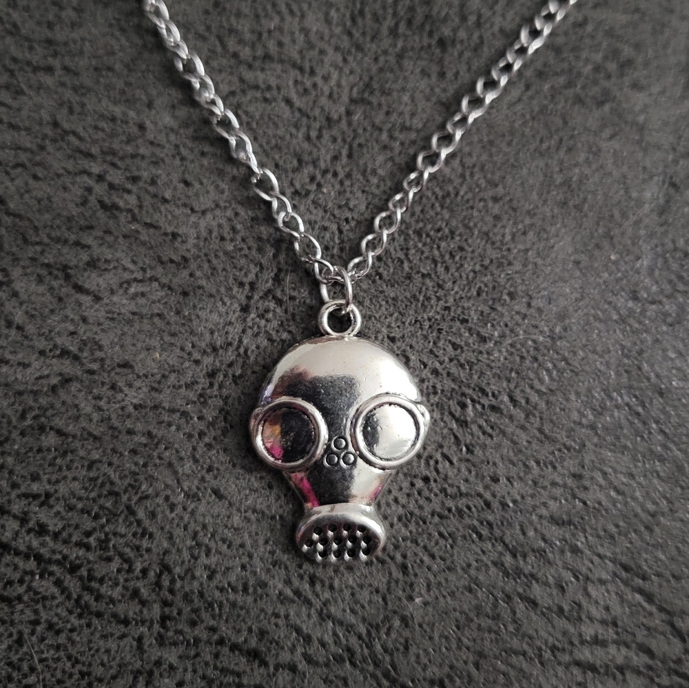 Gas mask silver tone necklace